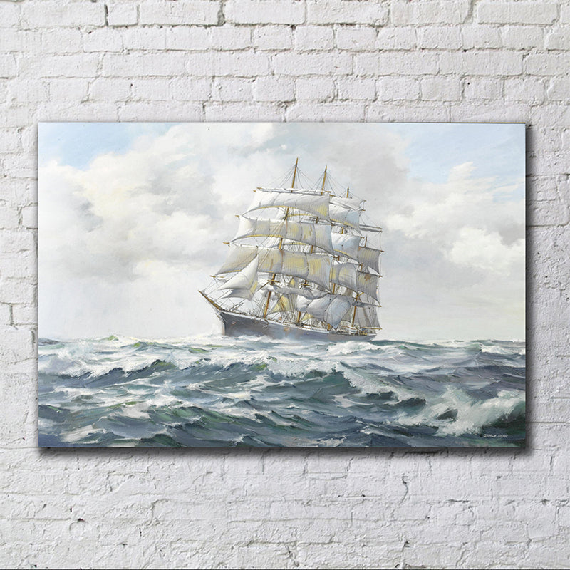 Grey Atlantic Sailing Vessel Painting Textured Contemporary Living Room Canvas Wall Art