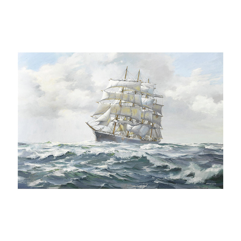 Grey Atlantic Sailing Vessel Painting Textured Contemporary Living Room Canvas Wall Art