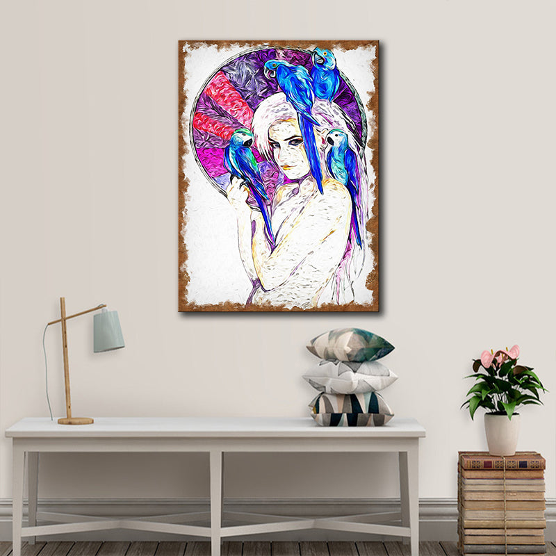 Canvas Purple Art Print Contemporary Girl and Parrots Painting Wall Decor for Living Room