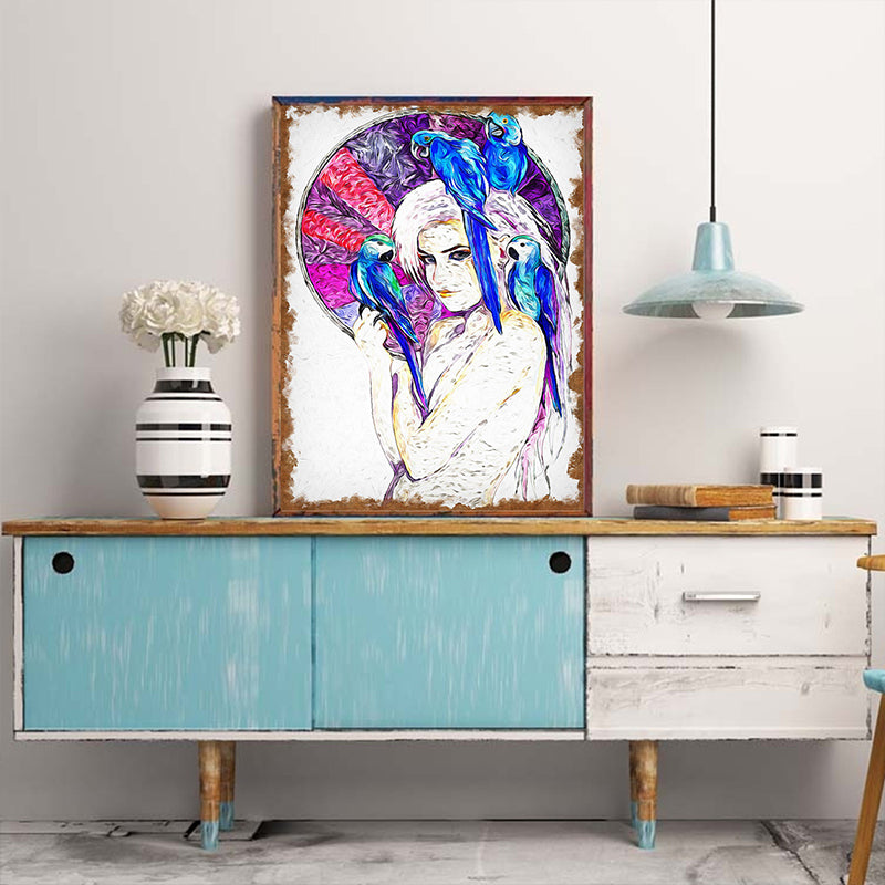 Canvas Purple Art Print Contemporary Girl and Parrots Painting Wall Decor for Living Room