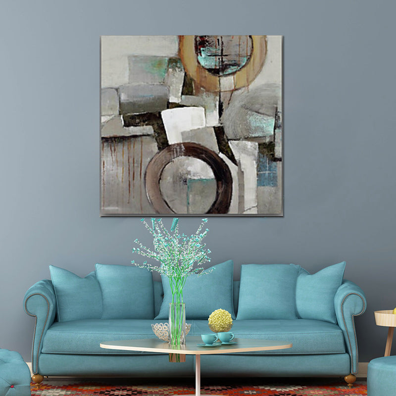 Minimalist Hand-Paint Canvas Art Grey-Brown Geometric Wall Decor for Living Room