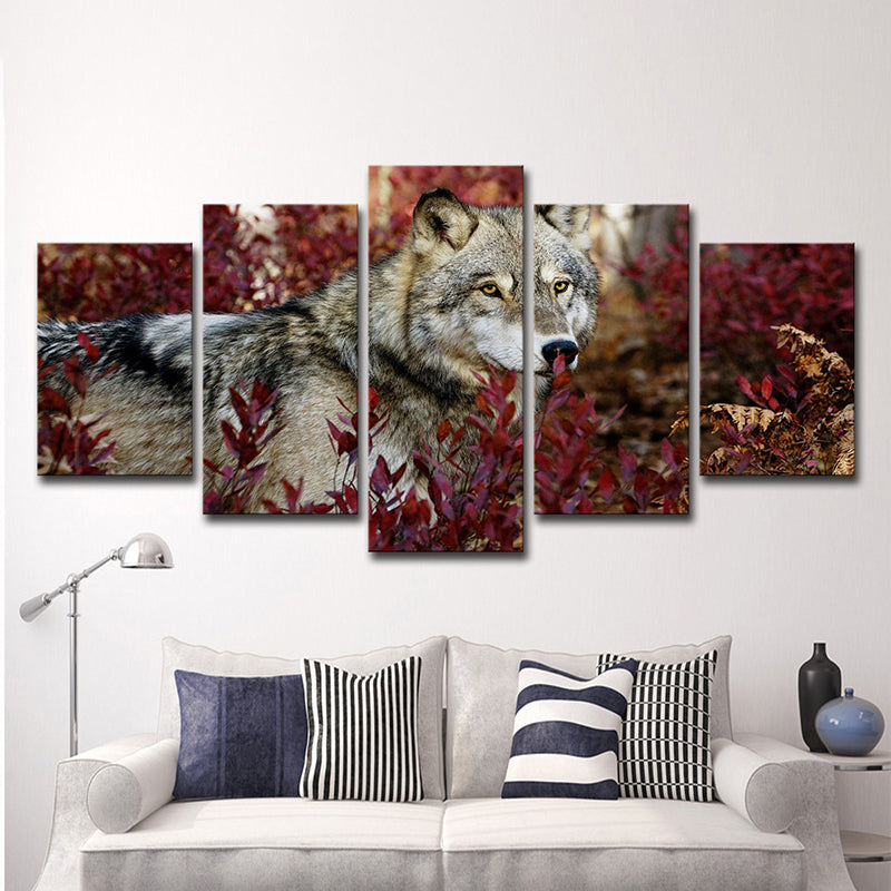 Wolf in Bushes Canvas Print Red and Grey Modern Style Wall Art for Living Room