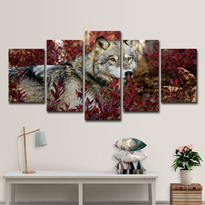 Wolf in Bushes Canvas Print Red and Grey Modern Style Wall Art for Living Room