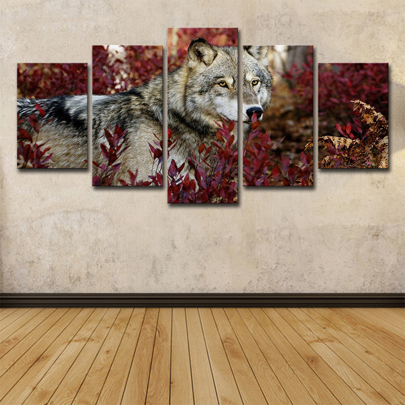 Wolf in Bushes Canvas Print Red and Grey Modern Style Wall Art for Living Room