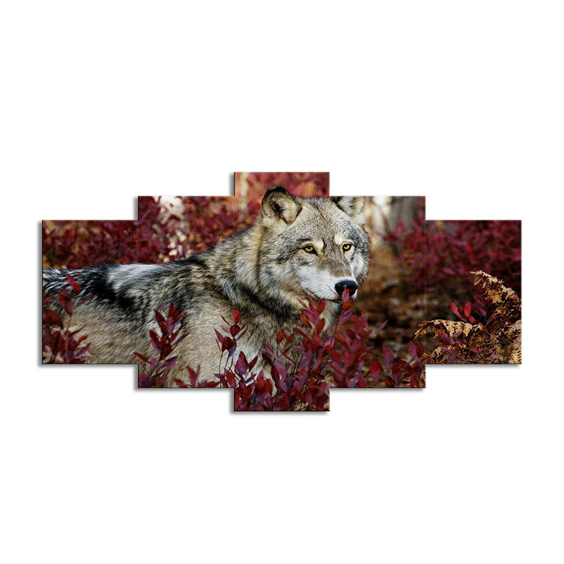 Wolf in Bushes Canvas Print Red and Grey Modern Style Wall Art for Living Room