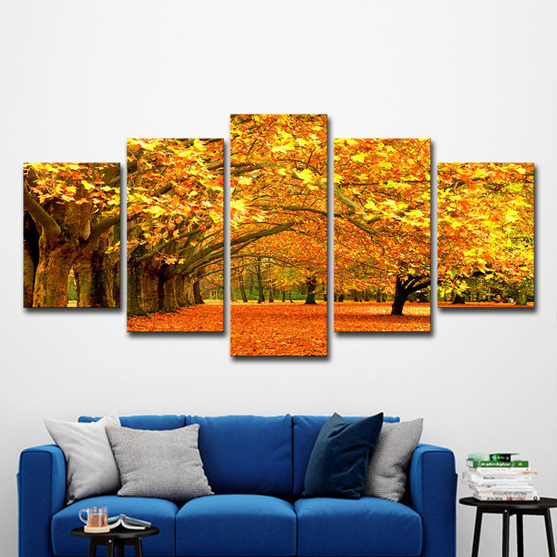 Orange Autumn Scenery Wall Art Maple Tree Avenue Modern Multi-Piece Canvas Print