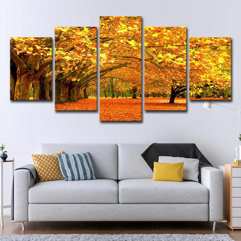 Orange Autumn Scenery Wall Art Maple Tree Avenue Modern Multi-Piece Canvas Print