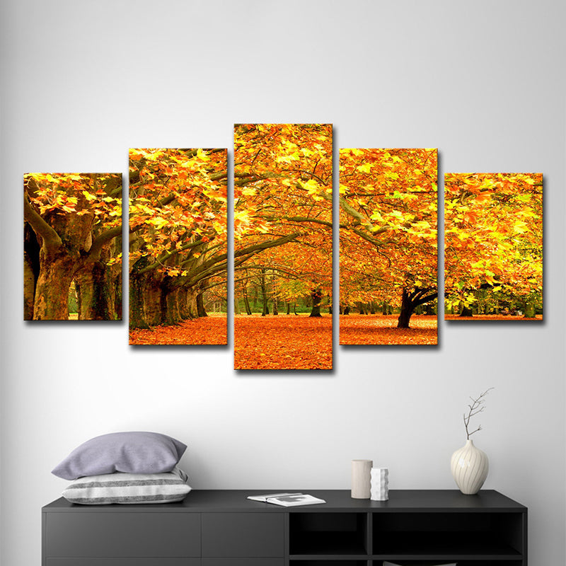 Orange Autumn Scenery Wall Art Maple Tree Avenue Modern Multi-Piece Canvas Print