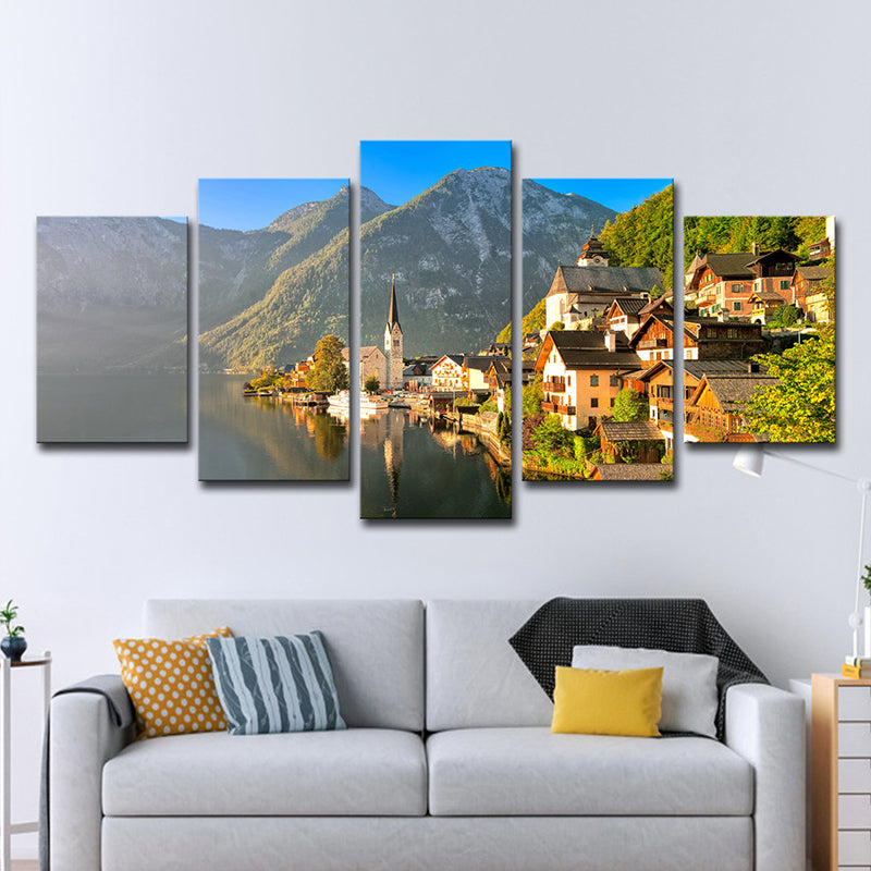 Green Modern Wall Art Mountain Village by the Lake Scenery Canvas for Home