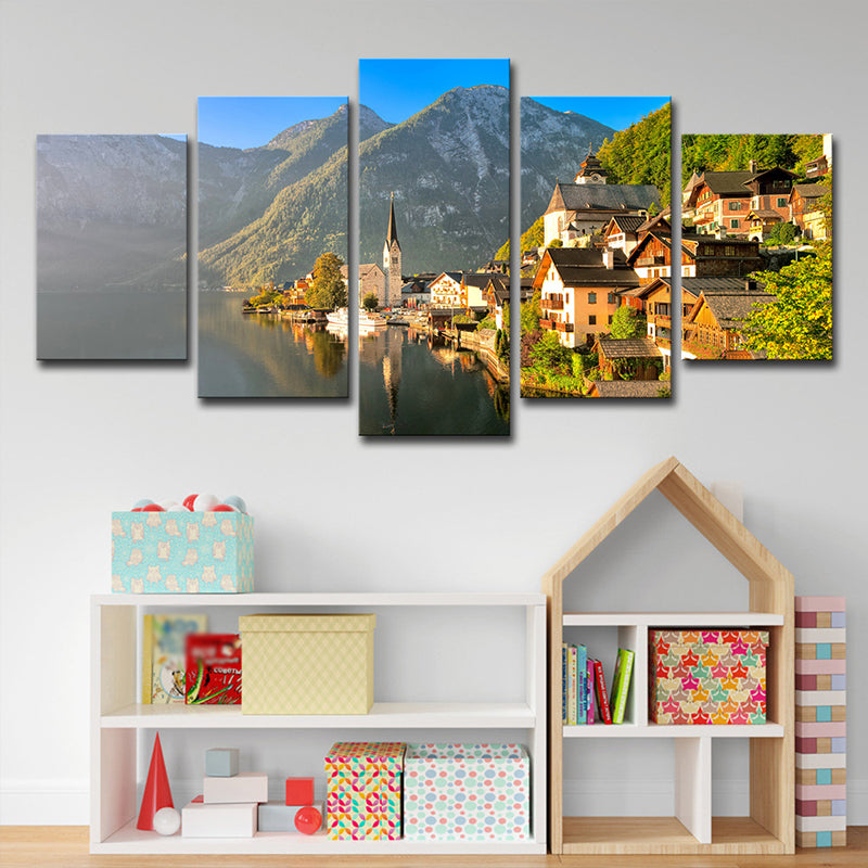 Green Modern Wall Art Mountain Village by the Lake Scenery Canvas for Home