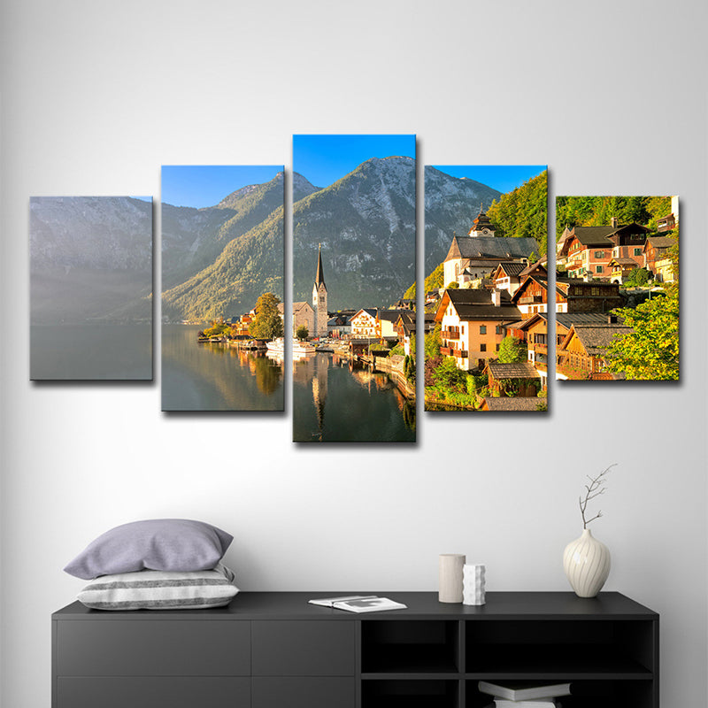 Green Modern Wall Art Mountain Village by the Lake Scenery Canvas for Home