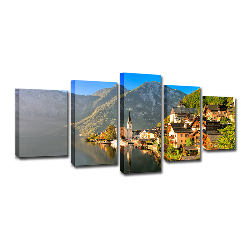 Green Modern Wall Art Mountain Village by the Lake Scenery Canvas for Home