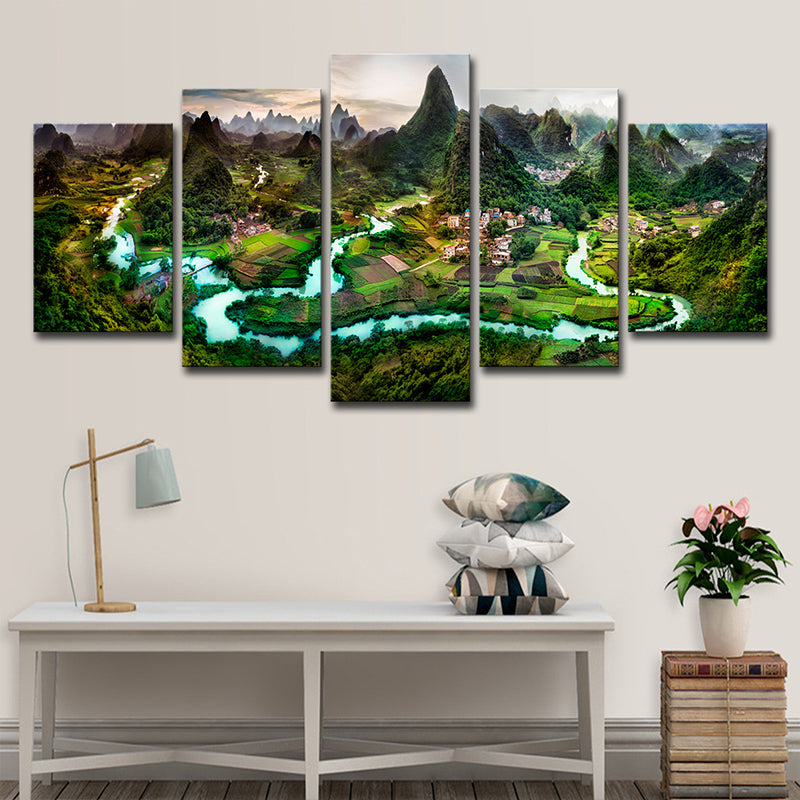 Dark Green Landscape Canvas Art Mountain and Meandering River Modern Multi-Piece Wall Decor