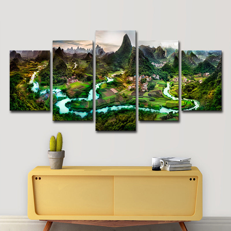 Dark Green Landscape Canvas Art Mountain and Meandering River Modern Multi-Piece Wall Decor