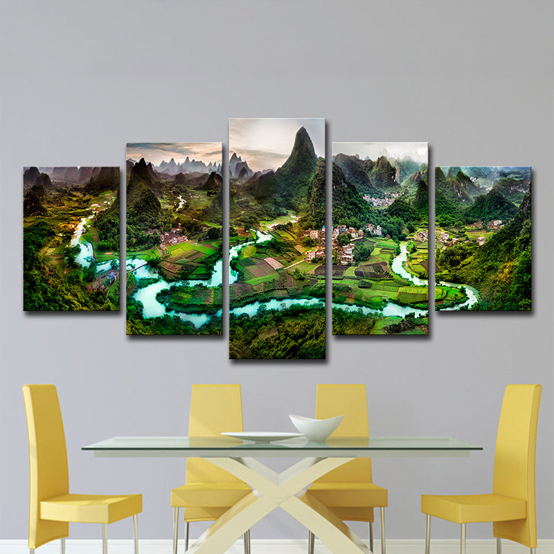 Dark Green Landscape Canvas Art Mountain and Meandering River Modern Multi-Piece Wall Decor