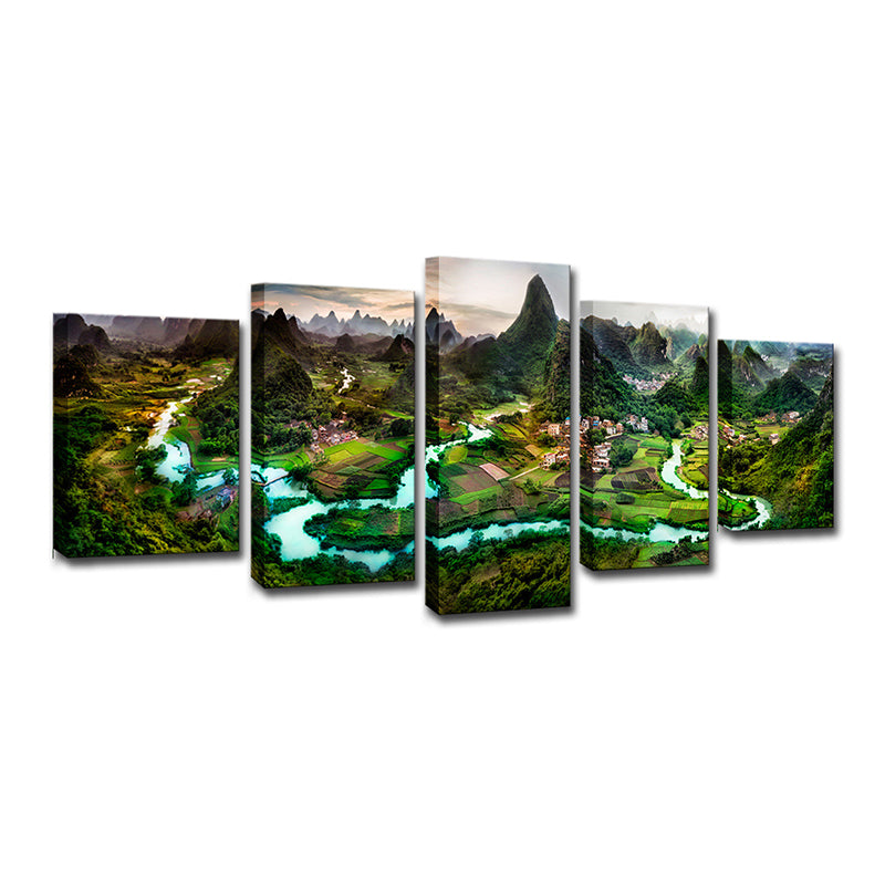 Dark Green Landscape Canvas Art Mountain and Meandering River Modern Multi-Piece Wall Decor