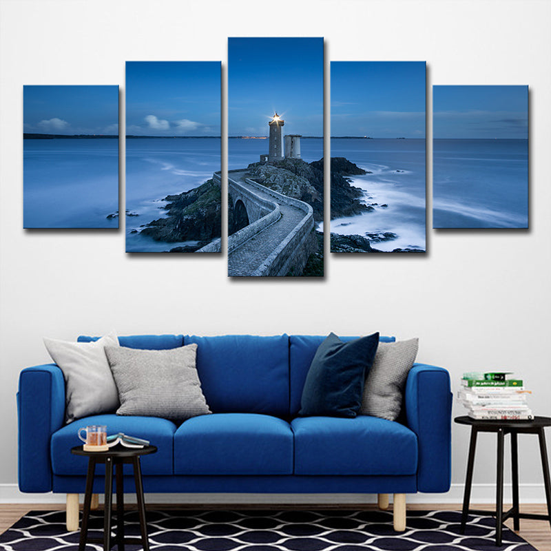 Modern Nightfall Seascape Wall Art Blue Curved Road to Lighthouse Canvas Print for Home