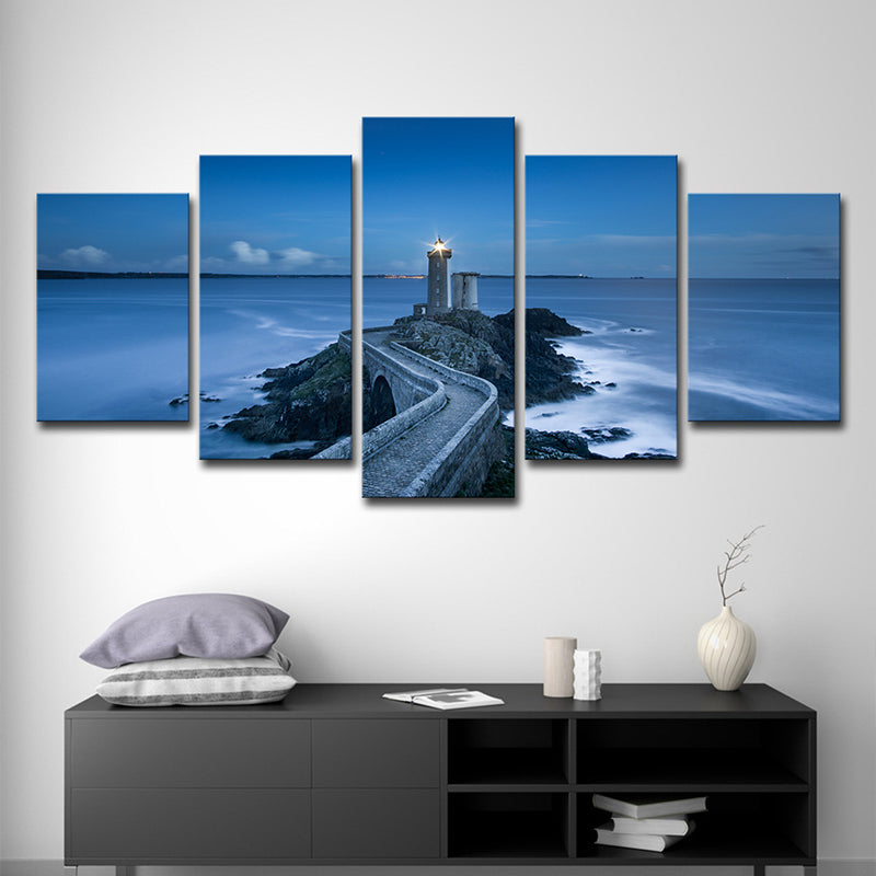 Modern Nightfall Seascape Wall Art Blue Curved Road to Lighthouse Canvas Print for Home