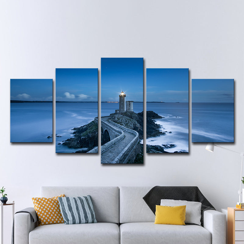 Modern Nightfall Seascape Wall Art Blue Curved Road to Lighthouse Canvas Print for Home