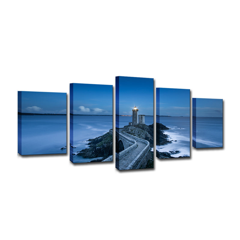 Modern Nightfall Seascape Wall Art Blue Curved Road to Lighthouse Canvas Print for Home