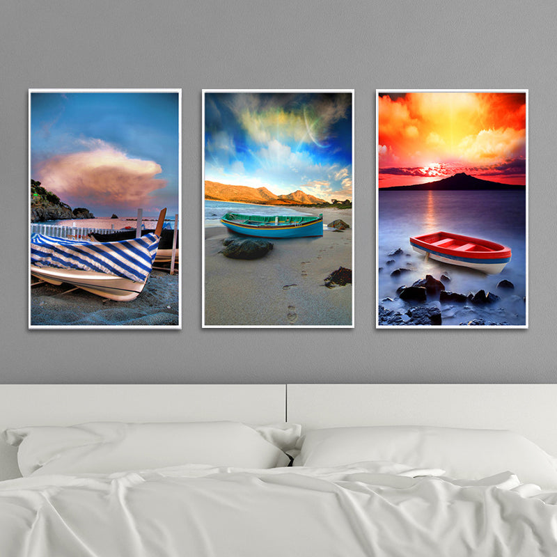 Stranded Boat Wall Art Set Orange-Blue Modernist Style Wrapped Canvas for Bedroom