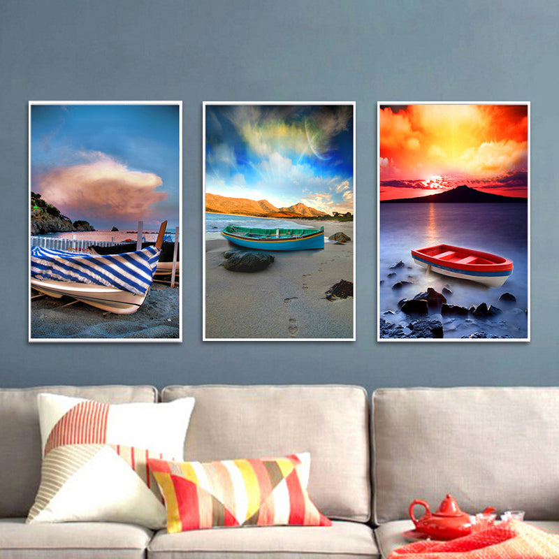 Stranded Boat Wall Art Set Orange-Blue Modernist Style Wrapped Canvas for Bedroom