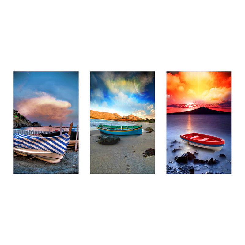 Stranded Boat Wall Art Set Orange-Blue Modernist Style Wrapped Canvas for Bedroom