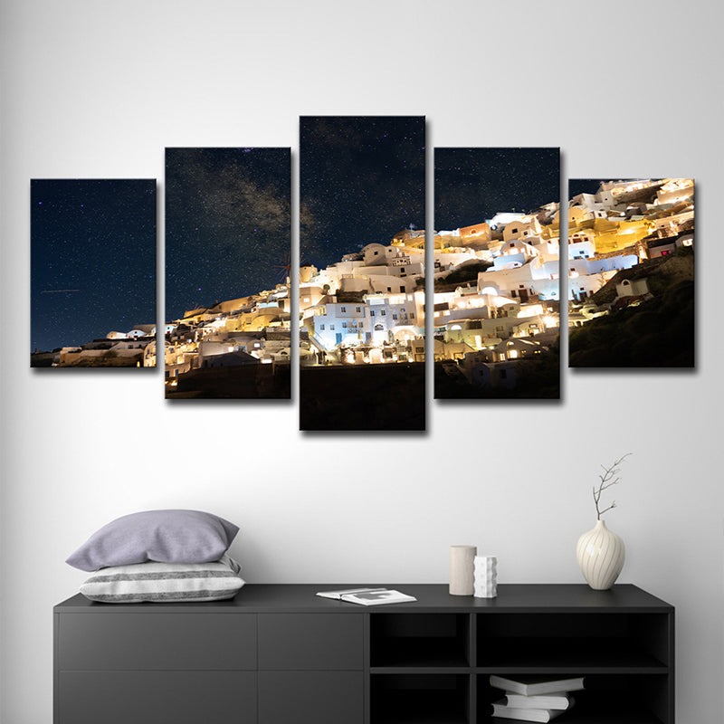 Night Cityscape Canvas Print House Interior Milky Way Wall Art in Yellow-Blue