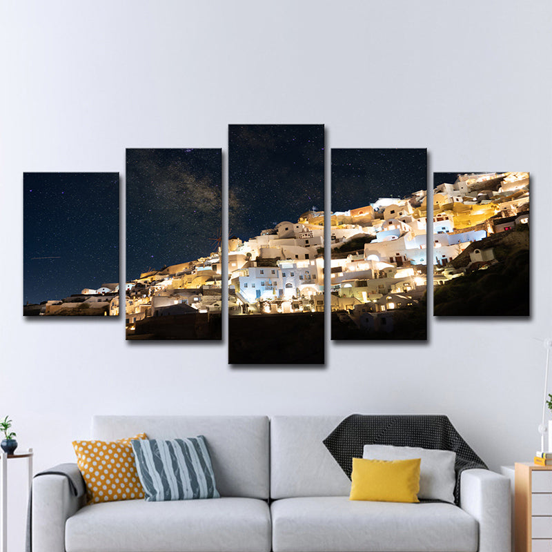 Night Cityscape Canvas Print House Interior Milky Way Wall Art in Yellow-Blue