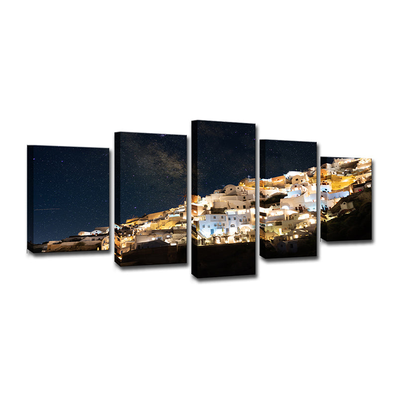 Night Cityscape Canvas Print House Interior Milky Way Wall Art in Yellow-Blue