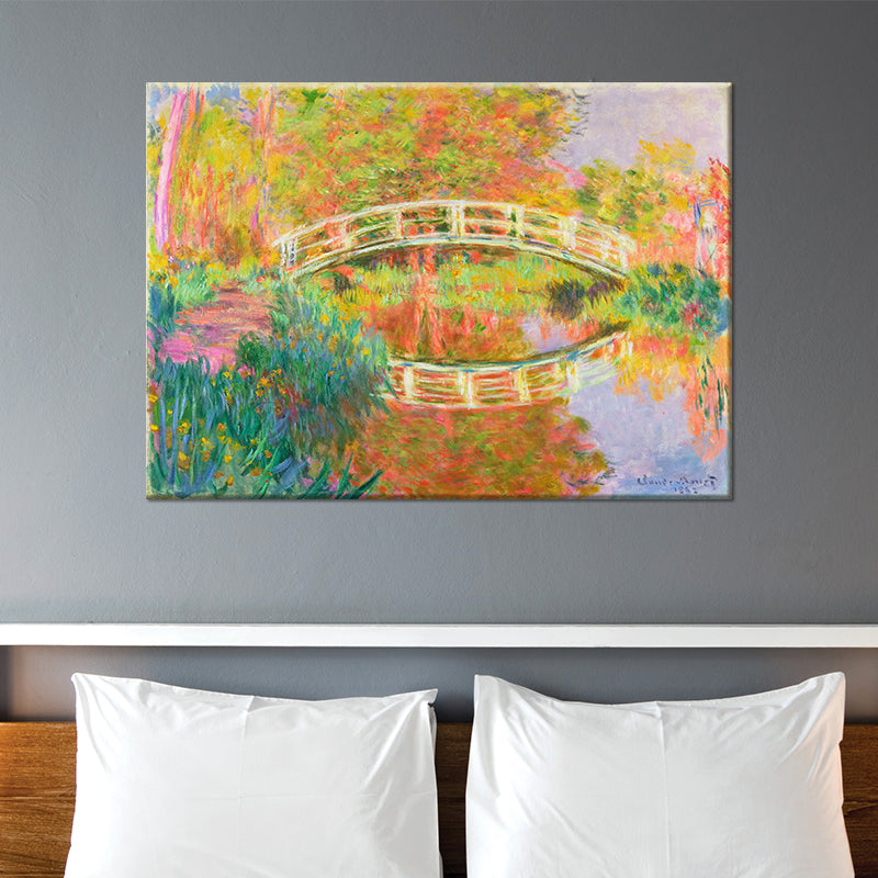 Orange Modern Canvas Wall Art Arch Bridge Across Tranquil Lake Painting for Hotel