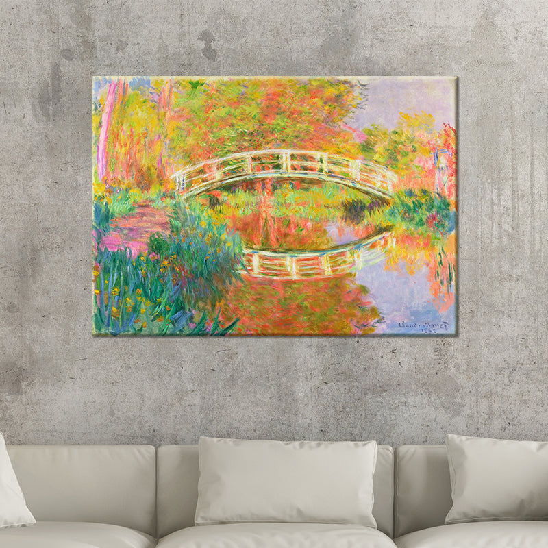 Orange Modern Canvas Wall Art Arch Bridge Across Tranquil Lake Painting for Hotel