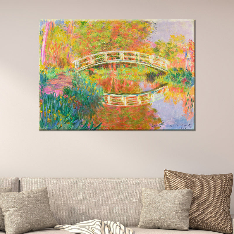 Orange Modern Canvas Wall Art Arch Bridge Across Tranquil Lake Painting for Hotel