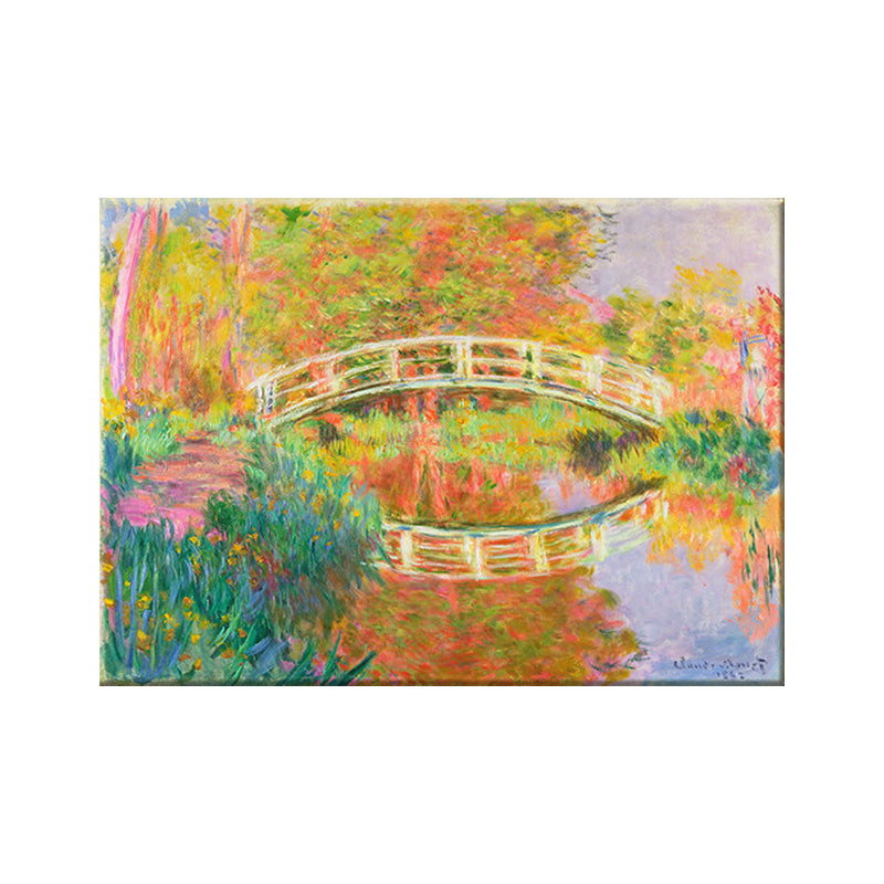 Orange Modern Canvas Wall Art Arch Bridge Across Tranquil Lake Painting for Hotel