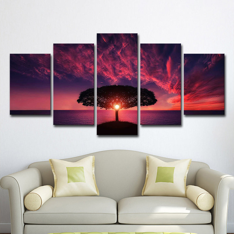 Purple Evening Glow Wall Art Tree of Life Modern Multi-Piece Canvas Print for Living Room