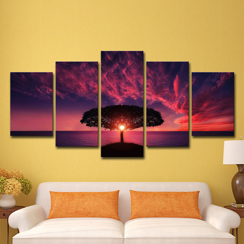 Purple Evening Glow Wall Art Tree of Life Modern Multi-Piece Canvas Print for Living Room