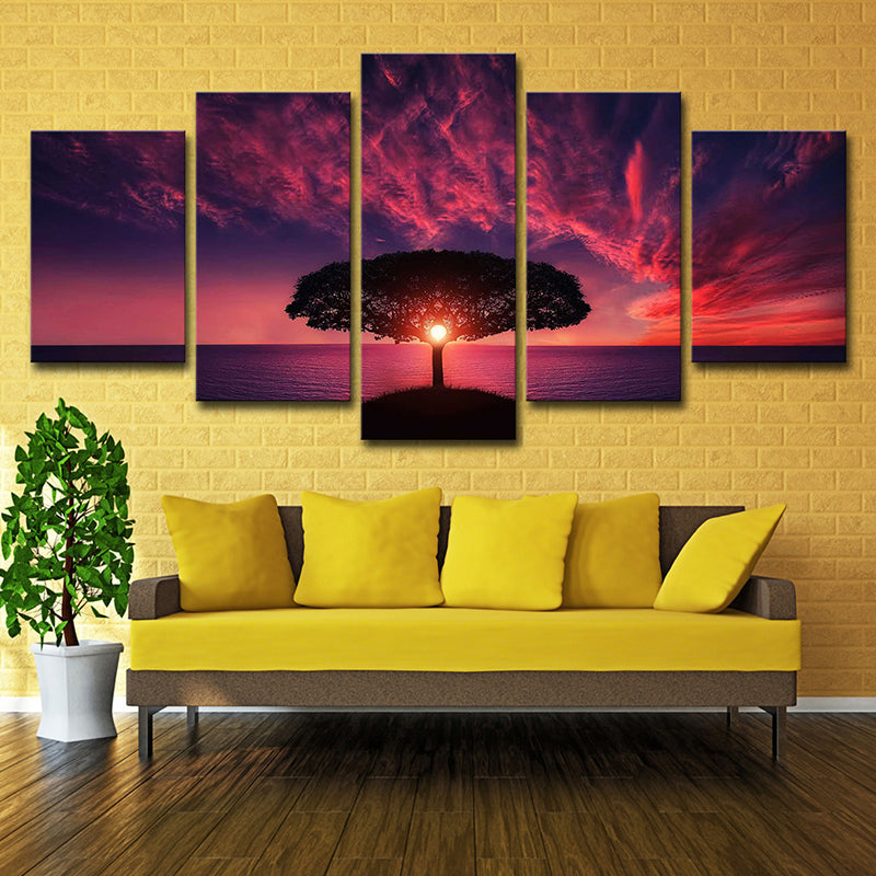 Purple Evening Glow Wall Art Tree of Life Modern Multi-Piece Canvas Print for Living Room