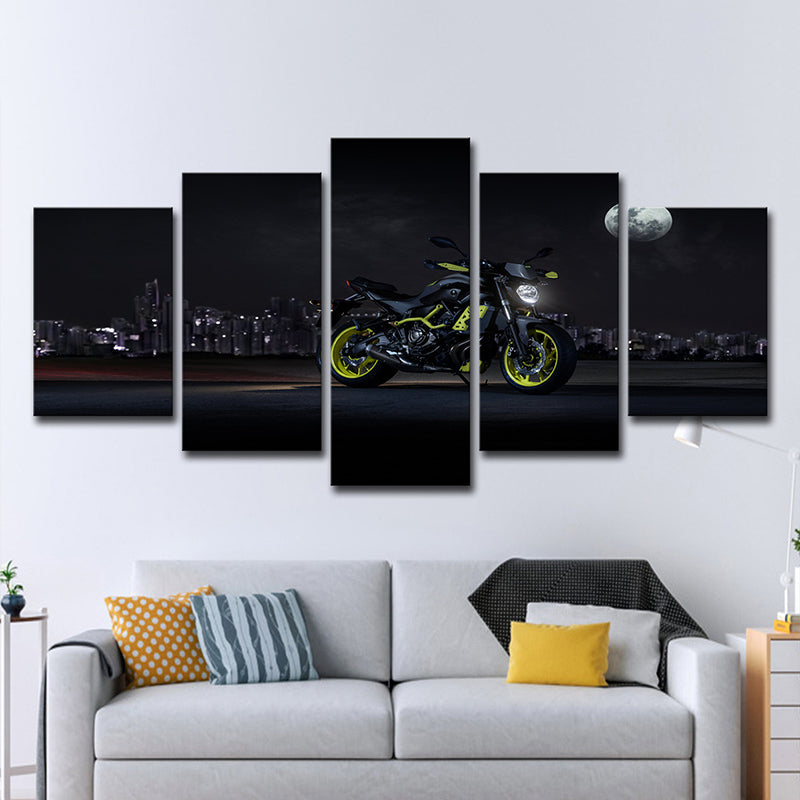 Cool Motorbike Ride Canvas Art for Boys Room Moon Night City Scenery Wall Decor in Black