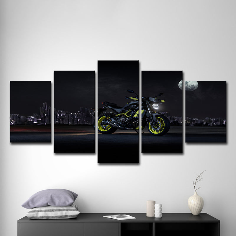 Cool Motorbike Ride Canvas Art for Boys Room Moon Night City Scenery Wall Decor in Black