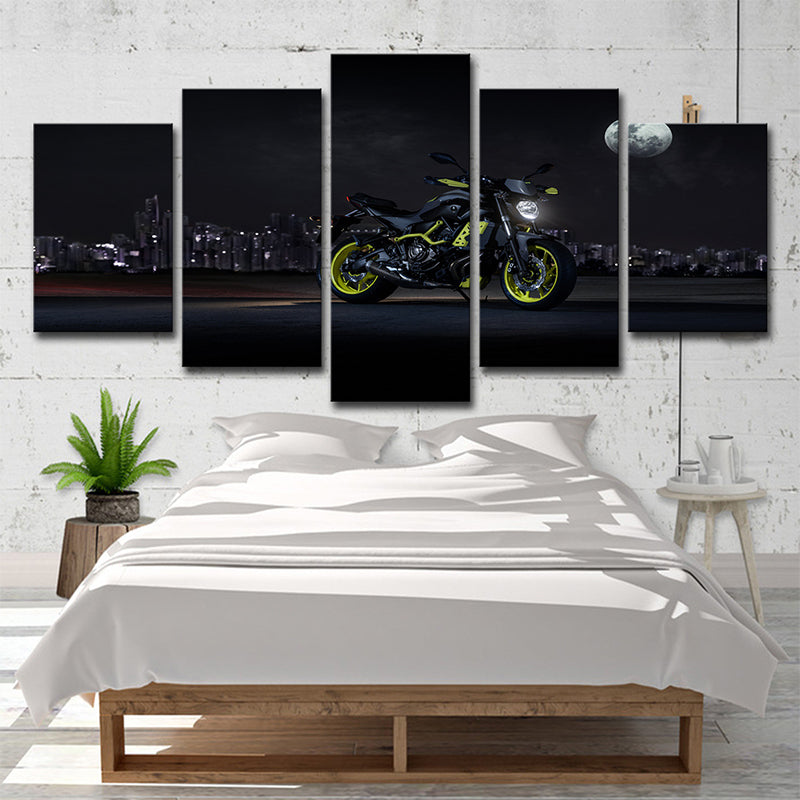 Cool Motorbike Ride Canvas Art for Boys Room Moon Night City Scenery Wall Decor in Black