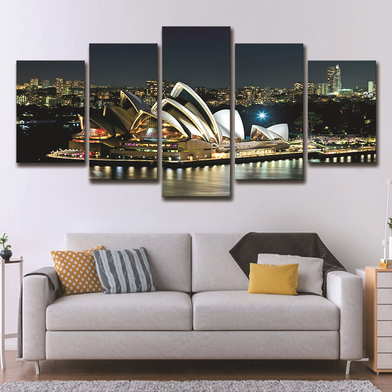 Sydney Opera Theater Wall Art Global Inspired Luminous Night City Canvas in Black