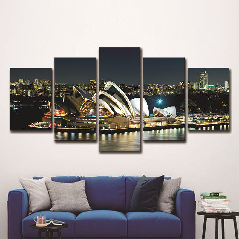 Sydney Opera Theater Wall Art Global Inspired Luminous Night City Canvas in Black