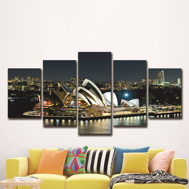 Sydney Opera Theater Wall Art Global Inspired Luminous Night City Canvas in Black