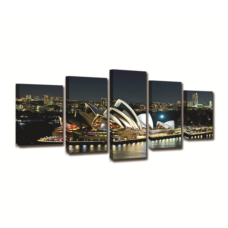 Sydney Opera Theater Wall Art Global Inspired Luminous Night City Canvas in Black