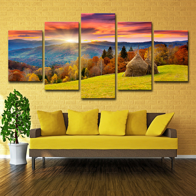 Autumn Sunrise Mountain Landscape Canvas Red Brown Modernist Wall Art Print for Hotel