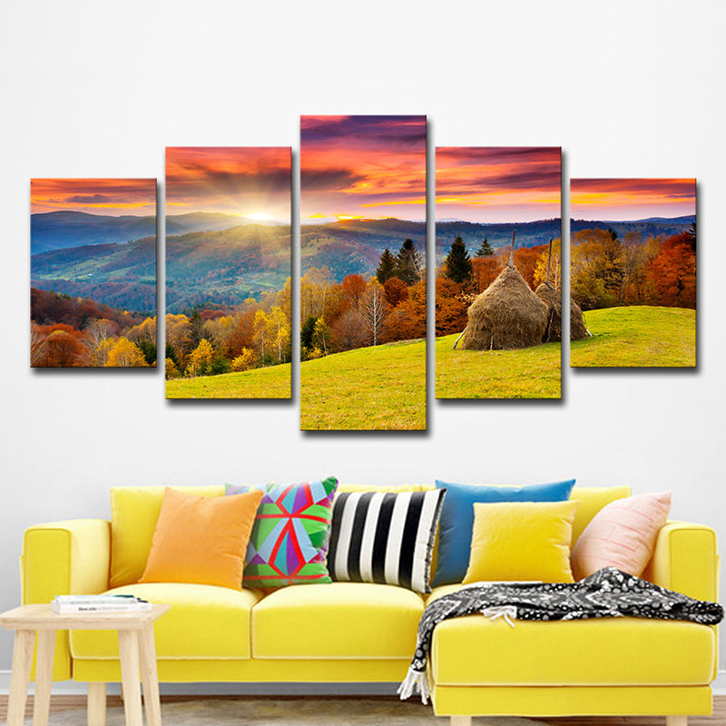 Autumn Sunrise Mountain Landscape Canvas Red Brown Modernist Wall Art Print for Hotel