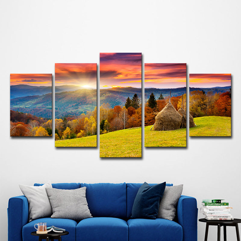 Autumn Sunrise Mountain Landscape Canvas Red Brown Modernist Wall Art Print for Hotel