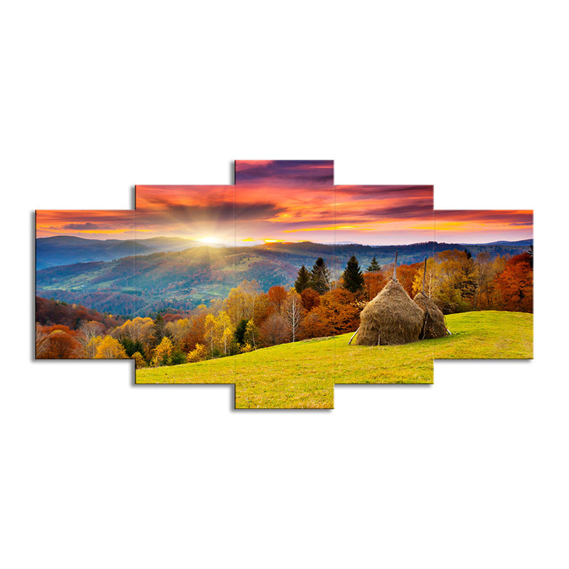 Autumn Sunrise Mountain Landscape Canvas Red Brown Modernist Wall Art Print for Hotel