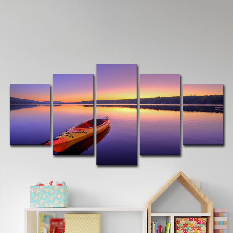 Canvas Multi-Piece Art Print Contemporary Boat on Lake at Dusk Scenery Wall Decor in Purple