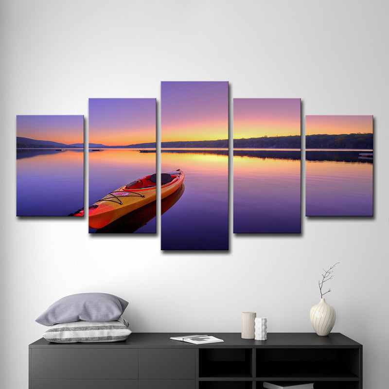 Canvas Multi-Piece Art Print Contemporary Boat on Lake at Dusk Scenery Wall Decor in Purple